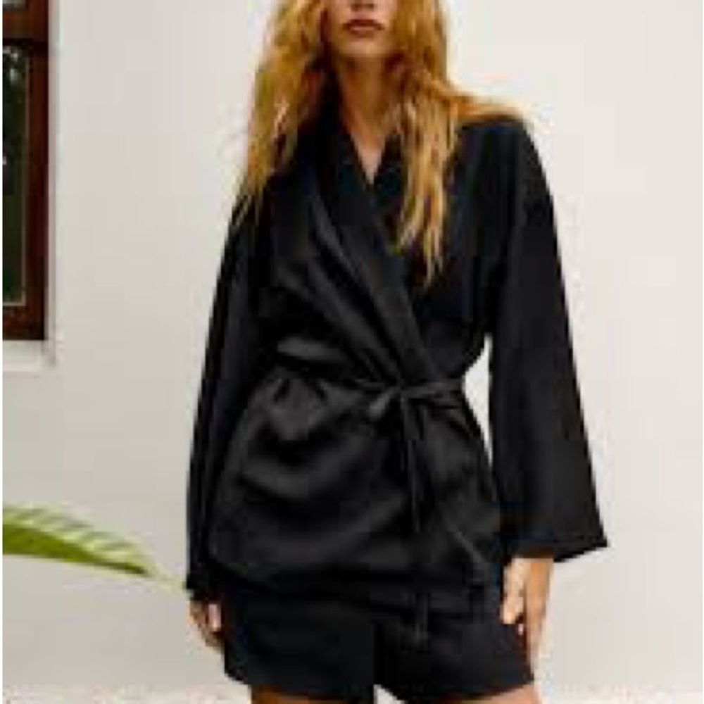 Zara Black Textured Wrap Blazer Kimono Jacket Belted Size XS/S